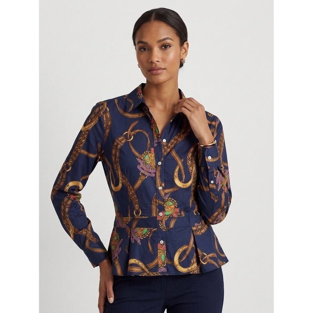 Lauren Ralph Lauren Navy Equestrian Belt Print Peplum Button Up Blouse 12P